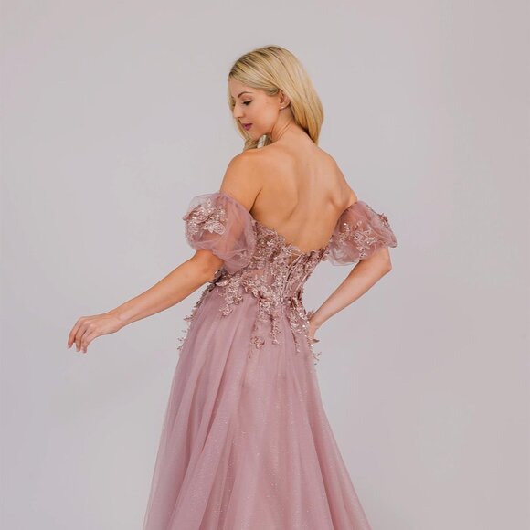 NEW A-LINE FLORAL EMBELLISHED GOWN W/ SWEETHEART NECK & PUFF SLEEVELESS AC 3041 - Picture 6 of 10